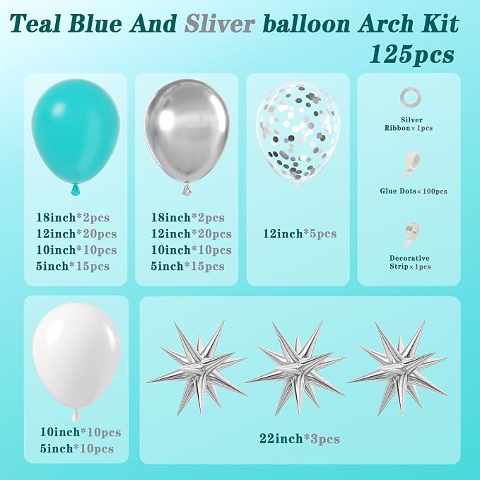 BAUANOOY 125pcs Teal Silver and White Balloon Garland Arch Kit | Wedding - Image 2