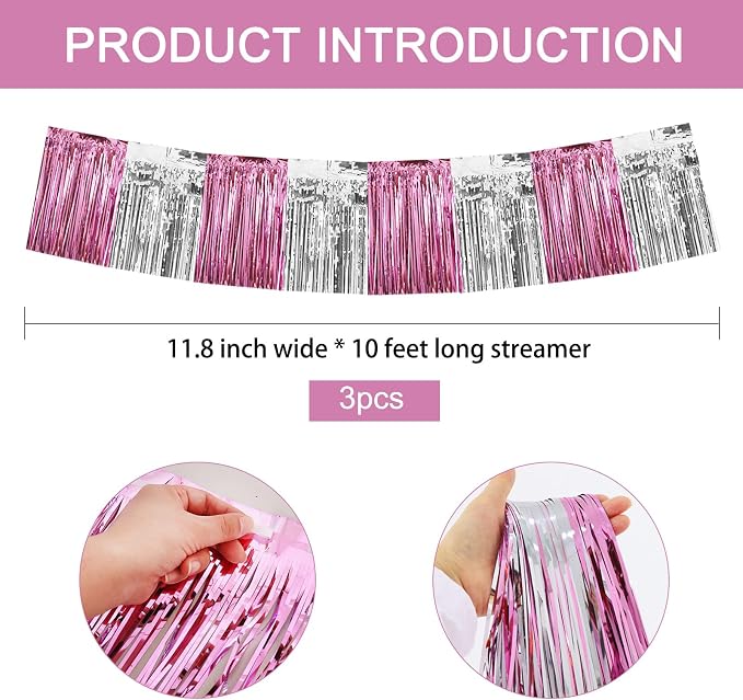 BEISHIDA Pink Silver Fringe Garland Banner 30ft Wall Tinsel Foil Streamers | - Image 3