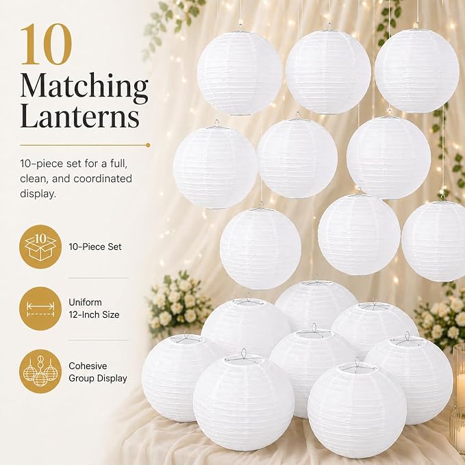 LIHAO 12 Inch White Round Paper Lanterns | Chinese Lantern, Hanging Décor - Image 4
