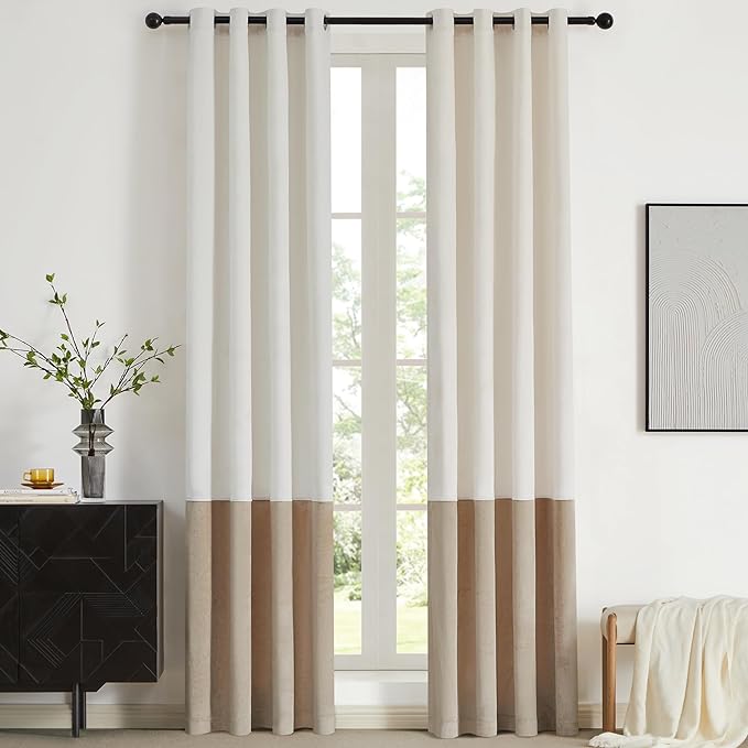 BULBUL Color Block Window Curtains Panels 108 inches Long Cream Ivory Champagne by ModernShinyVelvetCurtains