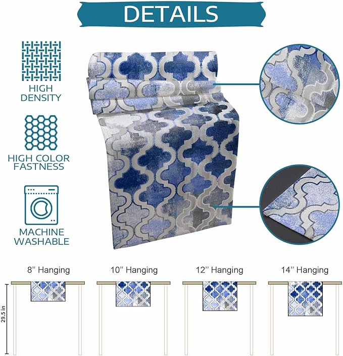 Blue Morocco Plaid Cotton Linen Table Runner for Dining Kitchen, Wedding Outdoor Party Tablerunners Decoration, Distressed Abstract Painted Vintage Dresser Scarf Coffee Tablecloth Runners 13''x108''