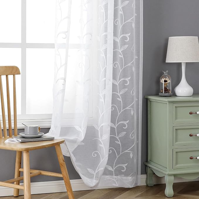 White Sheer Curtains Embroidered Leaves 2 Panels 54Wx108L | Light Filtering - Image 7