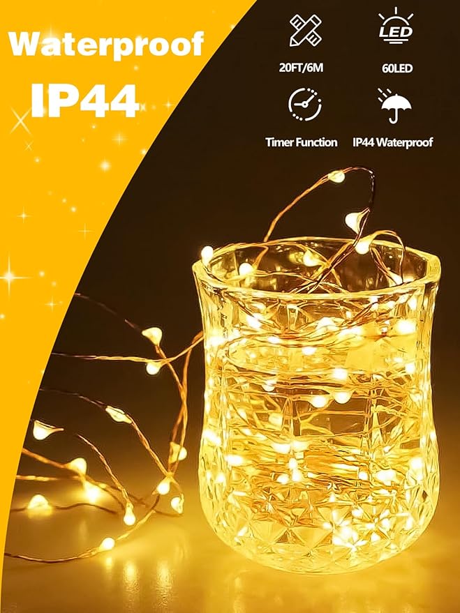 6 Pack 60LED Battery Operated Fairy Lights with Remote, 8 Modes LED String Lights with Timer, Dimmable, Memory Function, Waterproof Twinkle Fairy Lights for Outdoor Indoor Christmas Decor(Warm White)