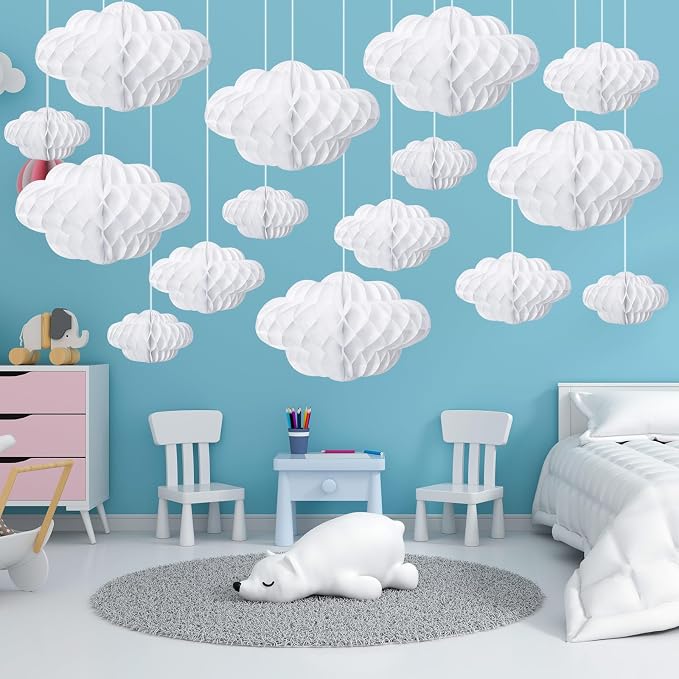 Affrolling 20 Pcs 3D Cloud Decorations Hanging Honeycomb Decor Artificial Cloud - Image 6