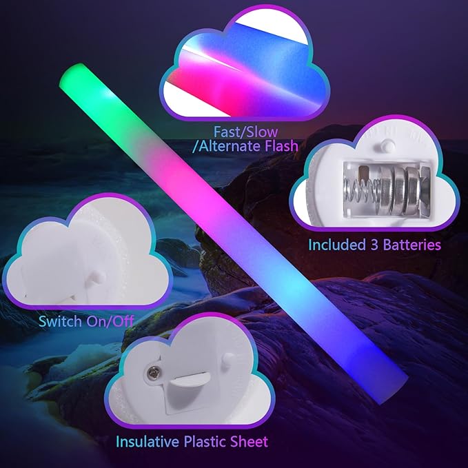 225 Foam Glow Sticks, Foam Light Up Sticks Party Supplies with 3 Mode Colorful Flashing, Glow Sticks Bulk Party Pack, Led Foam Sticks for Birthday, Wedding, Halloween, Carnival, Concert