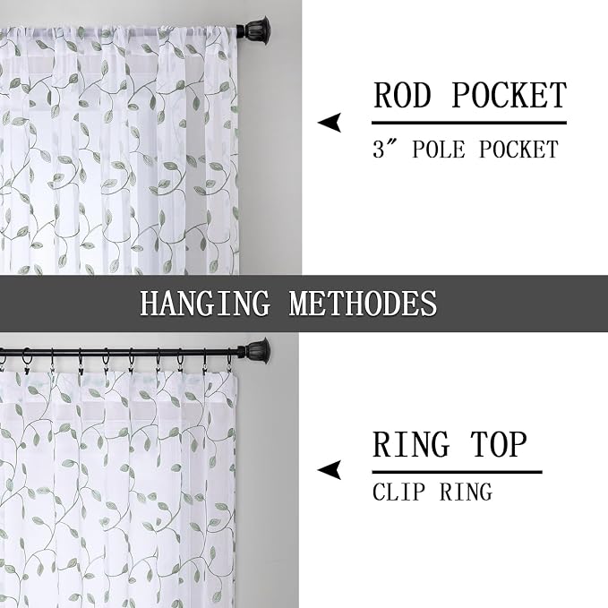 Tollpiz Leaves Sheer Curtains Sage Green Leaf Embroidery Living Room Curtain - Image 5
