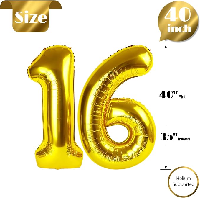 Gold Number 16 Balloon 40 Inch, 16th Birthday Party Decorations Men Women | - Image 6