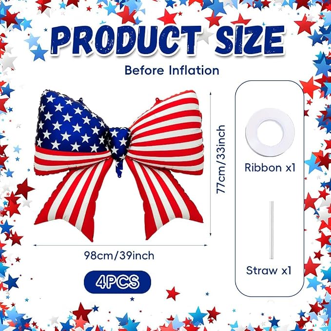 4 PCS Patriotic Bow Foil Balloons, 38 Inch Large American Flag Balloons - Image 2