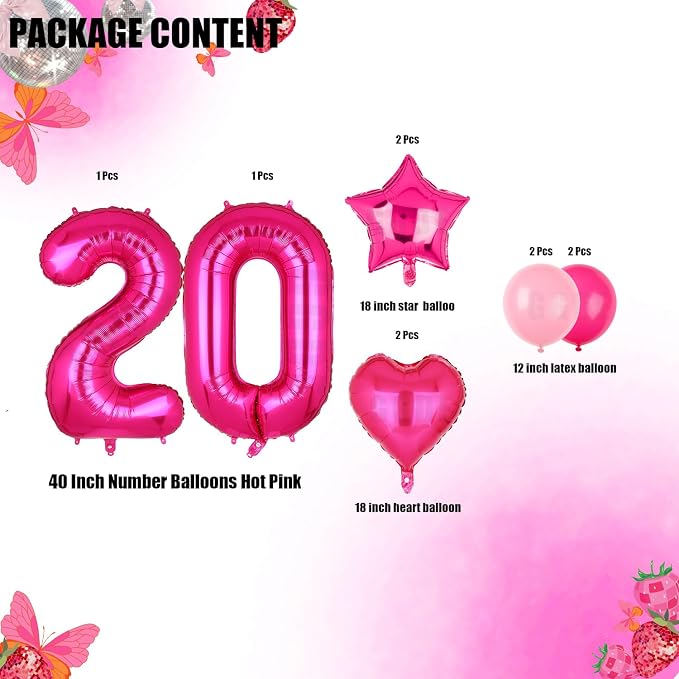 40 Inch Number Balloon Hot Pink 20 Set Pink Theme 20th Birthday Decor 10Pcs | - Image 2