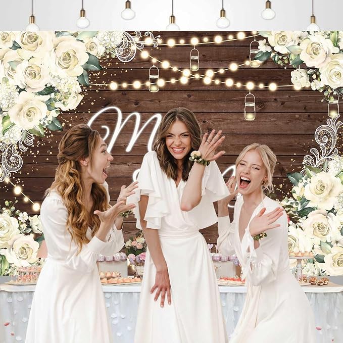 10x7ft Floral Mr and Mrs Engagement Decorations Backdrop White Flowers Wooden - Image 4