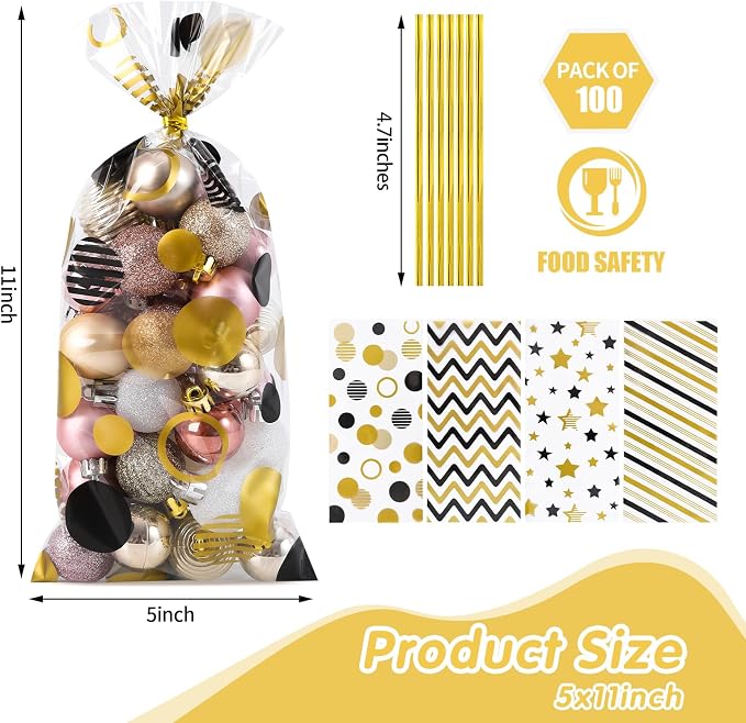 COQOFA Black Gold 5"X11" Gift Wrap Cellophane Cello Bags: Clear Candy Cookie & - Image 2
