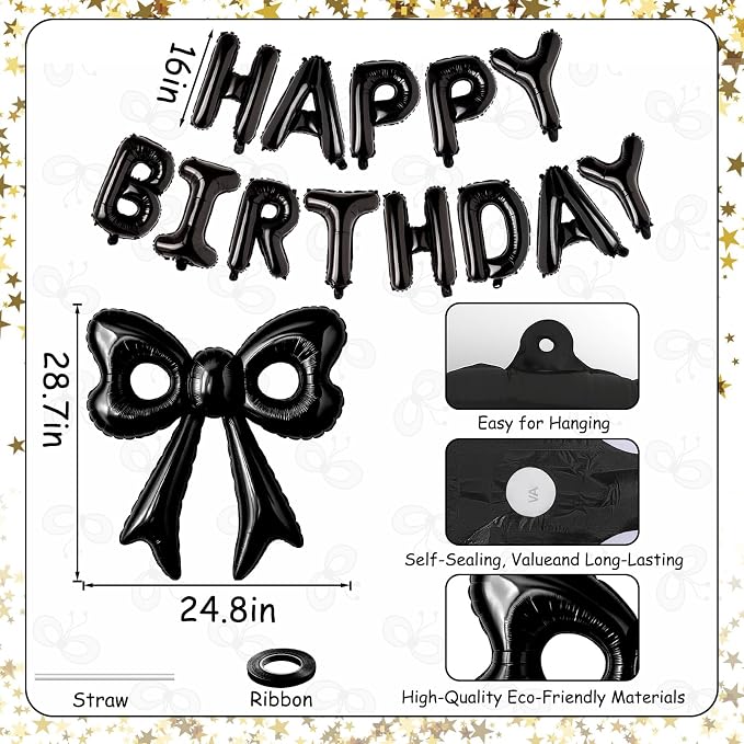 Black Happy Birthday Balloons, 31”Huge Black Bow Aluminum Foil Balloon Banner - Image 6