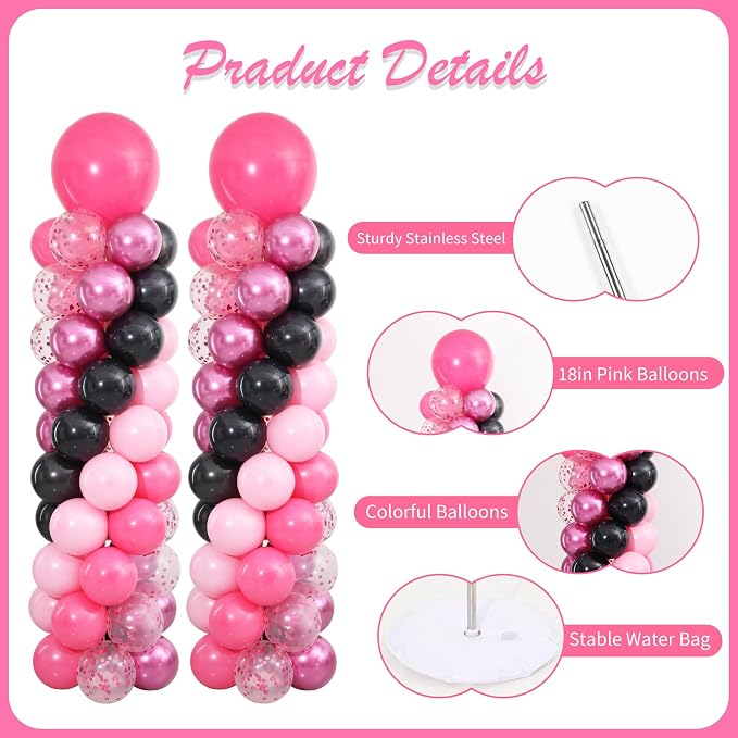 Hot Pink and Black Balloon Column Stand Kit Set of 2 - Image 4