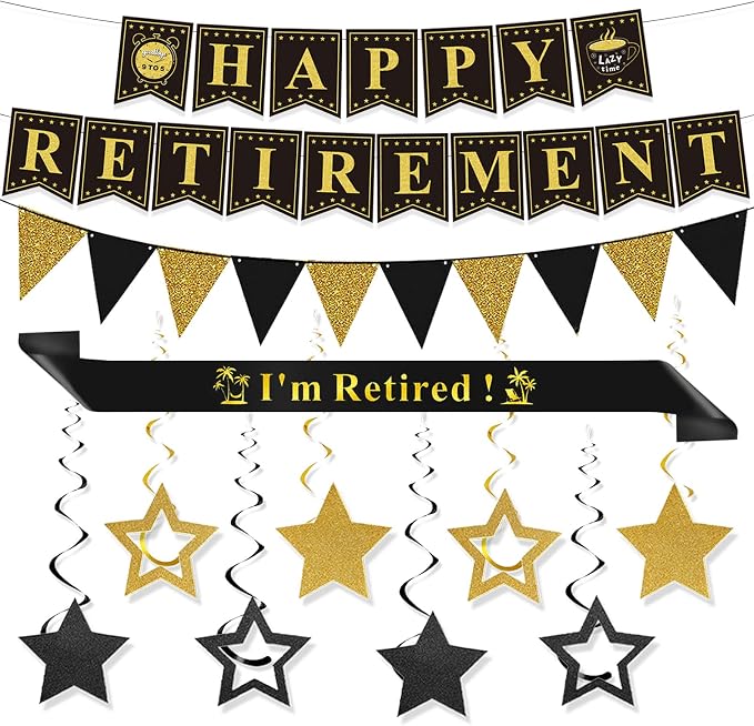 Retirement Party Decorations Black and Gold Happy Retirement Banner Gold by QUJOWI