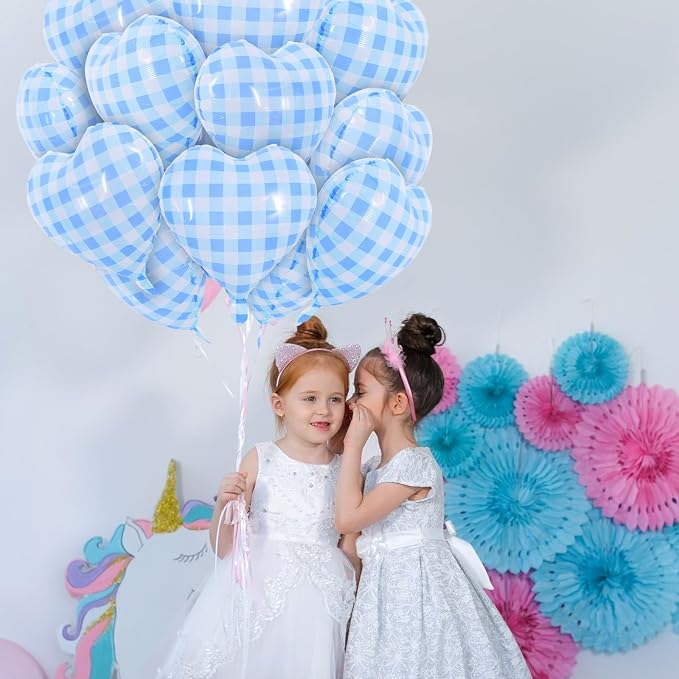 TONIFUL 15 Pcs Blue Gingham Heart Balloons 18 Inch Heart Shape Foil Balloon | - Image 3