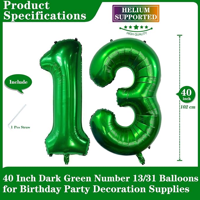 Dark Green 13 Number Balloons, 40 Inch Giant Number 13 Balloons Foil Mylar - Image 2