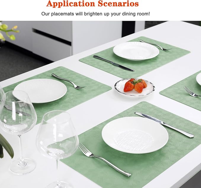 Vinyl Green Placemats Set of 6 Wipeable Waterproof Table Mats | Heat Resistant - Image 6