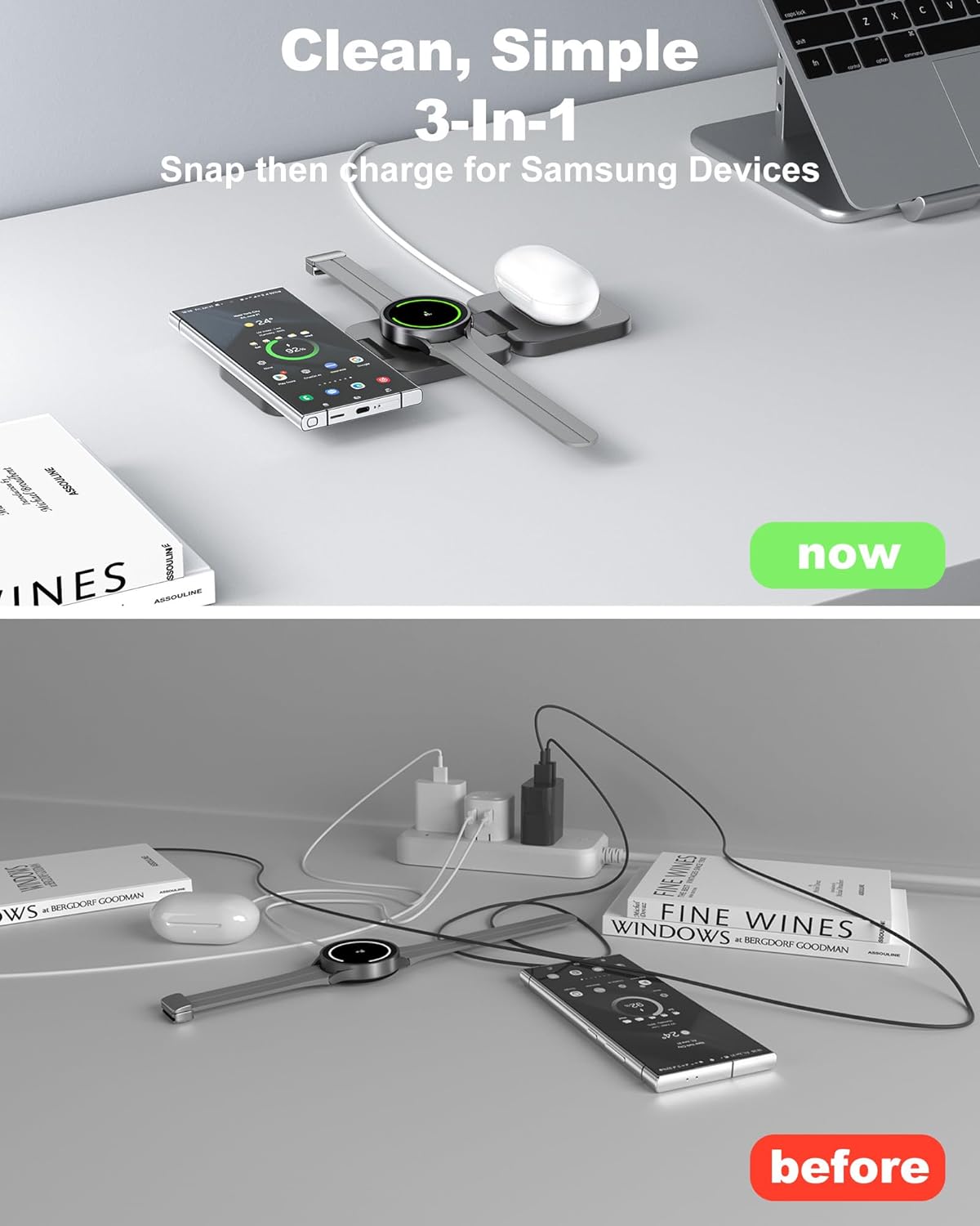 Foldable 3 in 1 Wireless Charging Station for Samsung, KU XIU X55 Ultra Magnetic Travel Charger Stand for Galaxy S24 Ultra S23 S22 Note 20 Z Fold Flip 6 5, Galaxy Watch Ultra 7 6 5, Galaxy Buds, Gray