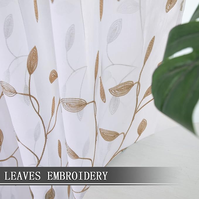 Tollpiz Leaves Short Sheer Tier Curtains Taupe Leaf Embroidery Kitchen Half - Image 3