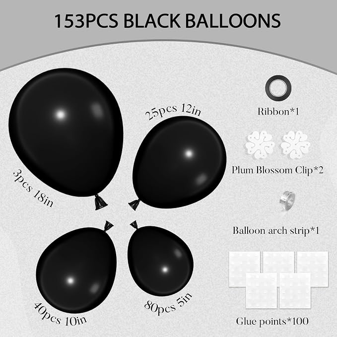 Amandir 153 Pcs Black Balloons Arch Garland Kit Different Sizes | 18 12 10 5 - Image 3