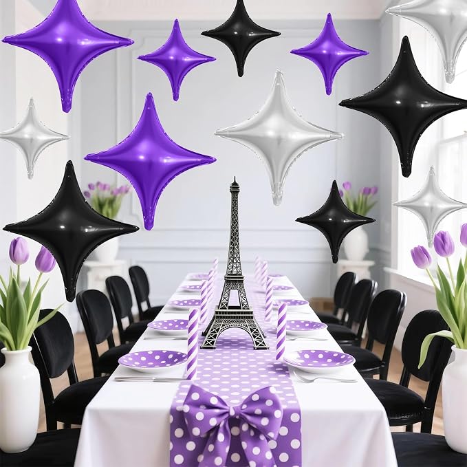 Black Purple Silver Star Balloons, 26Inch and 10Inch Black Silver Quadrangle - Image 6