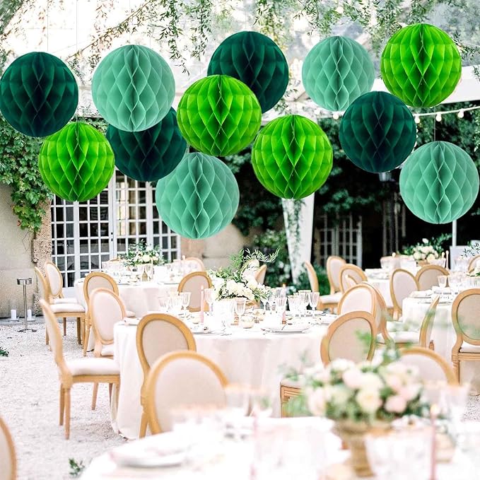 Green Paper Honeycomb Balls, 6 and 10 inch Hanging Tissue Pompoms, 12 Pack - Image 7