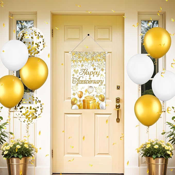 Anniversary Party Decorations White Gold Happy Anniversary Door Banner Sign - Image 6
