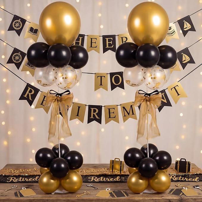 Hollowfly 2 Sets Retirement Party Decorations Black and Gold Balloon Stands by Hollowfly