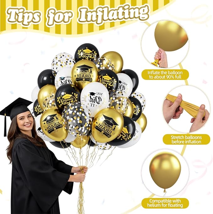 FunHot Black Gold Graduation Balloons, 12 Inch Black Gold White Confetti Grad - Image 3