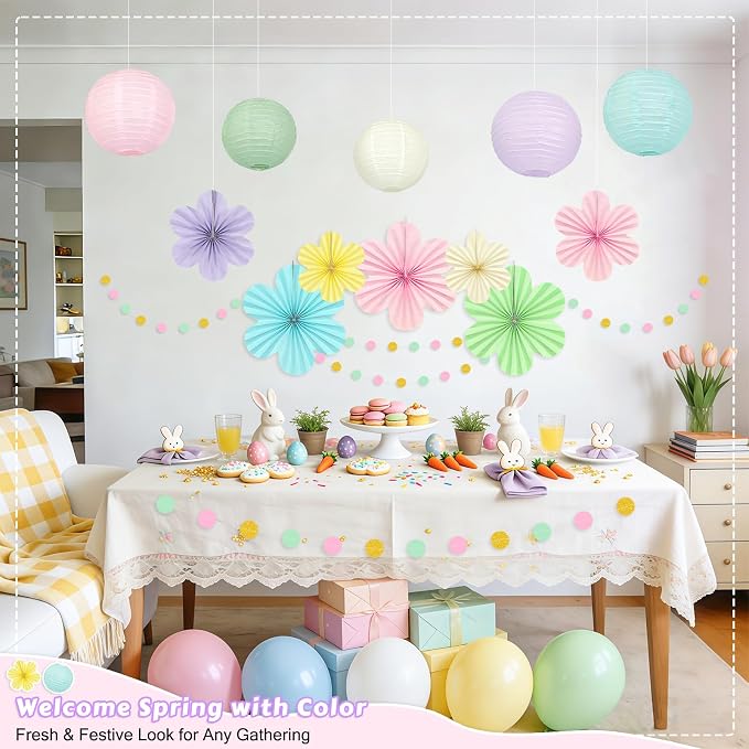 Pastel Hanging Decorations for Classroom, 20-Pc Paper Lanterns Flower Fans | - Image 8
