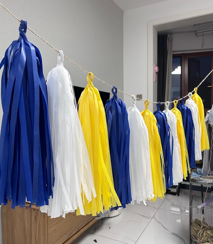 15pcs Royal Blue Yellow and White Paper Tassel Garland Banner, Tissue Paper - Image 5