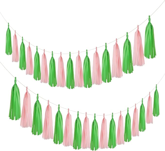 Mefuny 20PCS Pink and Green Paper Decorations Tissue Paper Tassel Garland DIY - Image 2