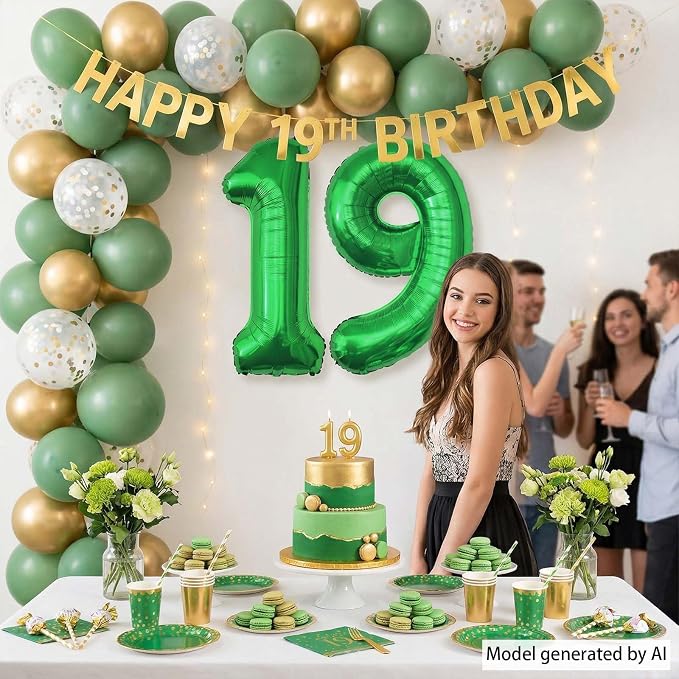 Green Number 19 Balloon 40 Inch, Shiny Foil Duo - Image 3