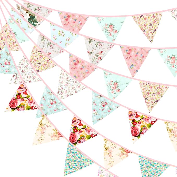 G2PLUS 39Ft Triangle Bunting Banner, Reusable Pink Green Fabric Triangle Flags by G2PLUS
