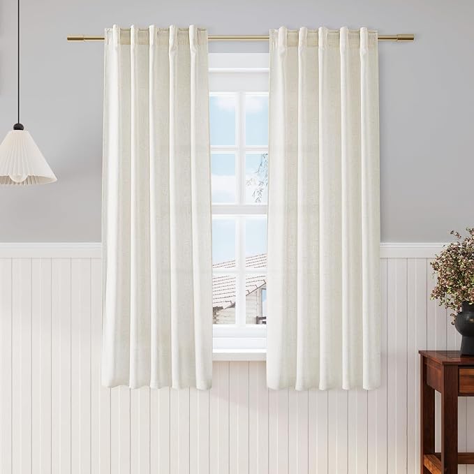 60 Inch Length Linen Curtains Cream Semi Sheer Light Filtering Back Tab and Rod by Nanspring
