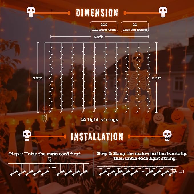 JMEXSUSS Orange Curtain Lights for Halloween, USB Plug in, 200 LED | Remote - Image 7