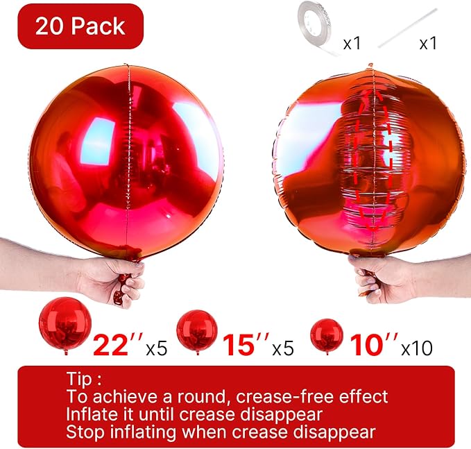 PartyWoo Red Large Round Giant Foil 4D Balloons 20pcs Different Sizes | 22 15 - Image 4