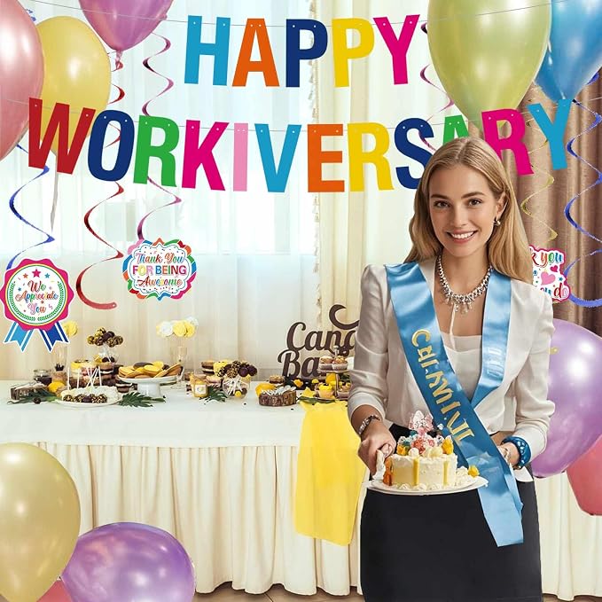 Work Anniversary Decorations, Pre-Strung Iridescent Happy Workiversary Banner - Image 4