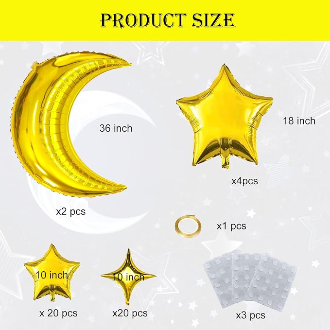 Moon and Star Balloons Gold, Star Foil Balloons Four Pointed Star Balloon | - Image 2