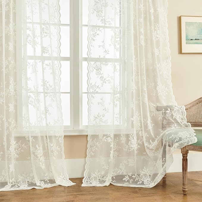 Cream Lace Curtains 120 Inches Long 2 Panels Victorian Floral Sheer Curtains - Image 2