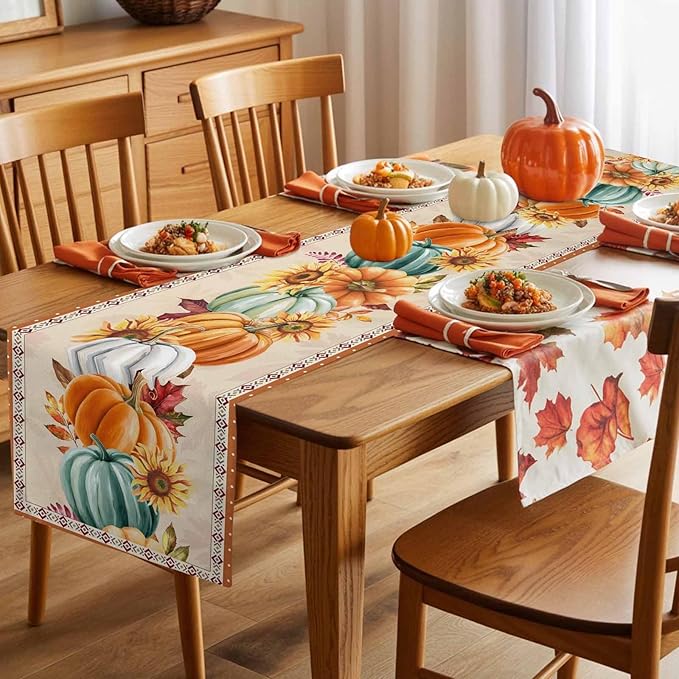 Fall Thanksgiving Southwest Cotton Linen Table Runner for Dining Kitchen, Orange Pumpkins Wedding Outdoor Party Rustic Tablerunners Decoration, Sunflower Dresser Scarf Tablecloth Runners 13x108 Inches