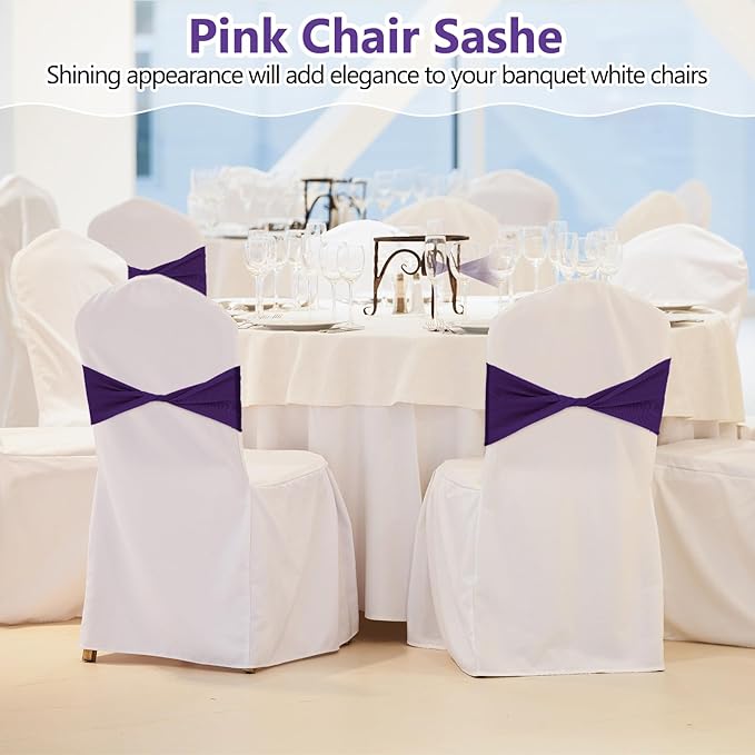 Kinlop 50 Pcs Spandex Chair Sashes Bows Chair Bands Slider Sashes for Covers Elastic Bands Ties Without Buckle Decorations for Wedding Party Events Ceremony Birthday(Purple)