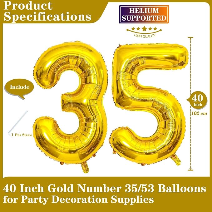 Gold 35 Number Balloons, 40 Inch Giant Number 35 Balloons Foil Mylar Helium - Image 2