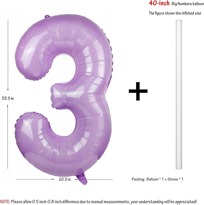 40" Macaron Purple Number 3 Balloons Helium Foil Mylar Balloon Digit 3 | - Image 2