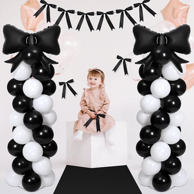 2 Sets Black White Bow Balloon Column Stand Kit Includes 2 Bows & 100 Latex - Image 3