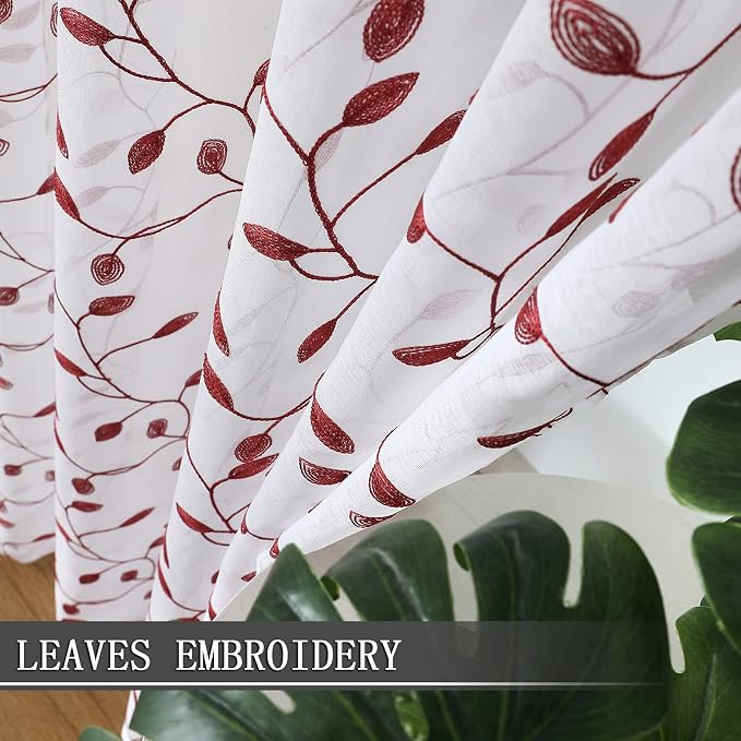 Tollpiz Leaves Short Sheer Curtains Burgundy Red Leaf Embroidery Bedroom - Image 3