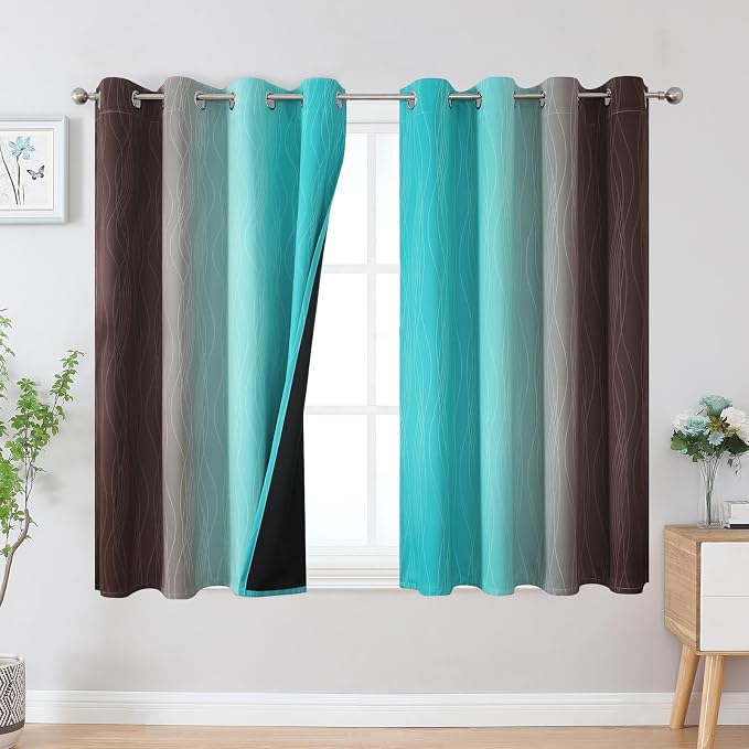 Brown and Teal Blackout Curtains 45 Inch Length, Light Blocking Gradient Drapes by ESTELARTEXTILER