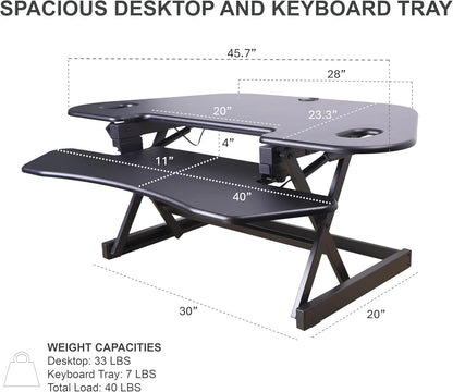 Rocelco 46" Height Adjustable Corner Standing Desk Converter - Quick Sit Stand Up Dual Monitor Riser - Gas Spring Assist Tabletop Computer Workstation - Large Keyboard Tray - Black (R CADRB-46)