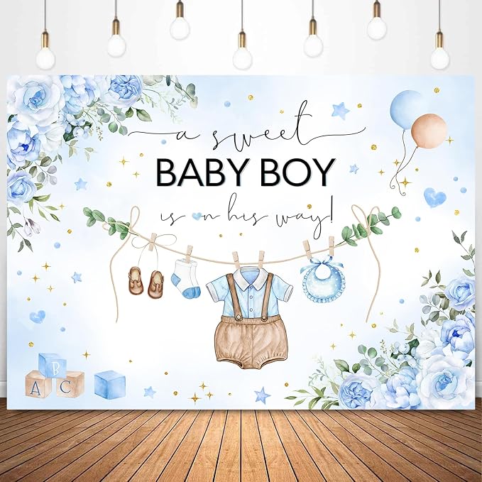 InMemory Blue Baby Shower Backdrop Oh Baby Clothes Welcome Newborn Party by InMemory