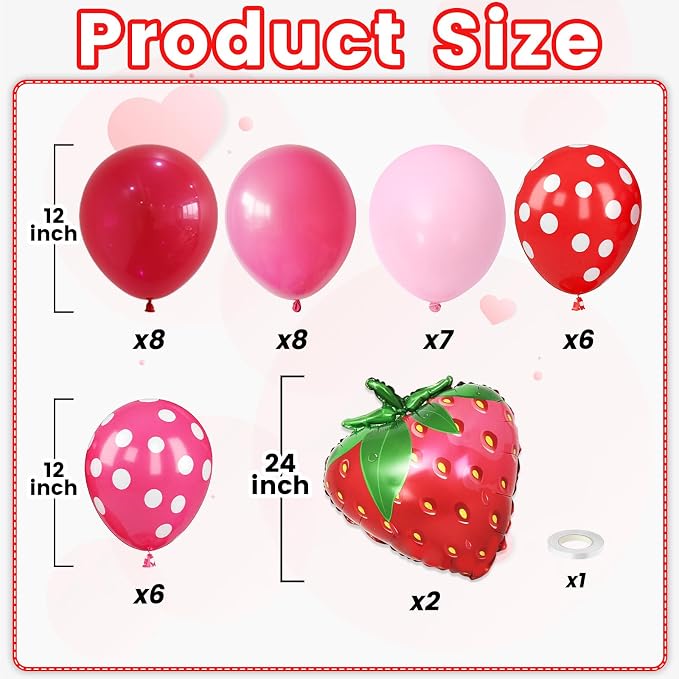 Strawberry Balloons, 12 Inch Red Macaron Pink Hot Pink Dot Balloons - Image 2